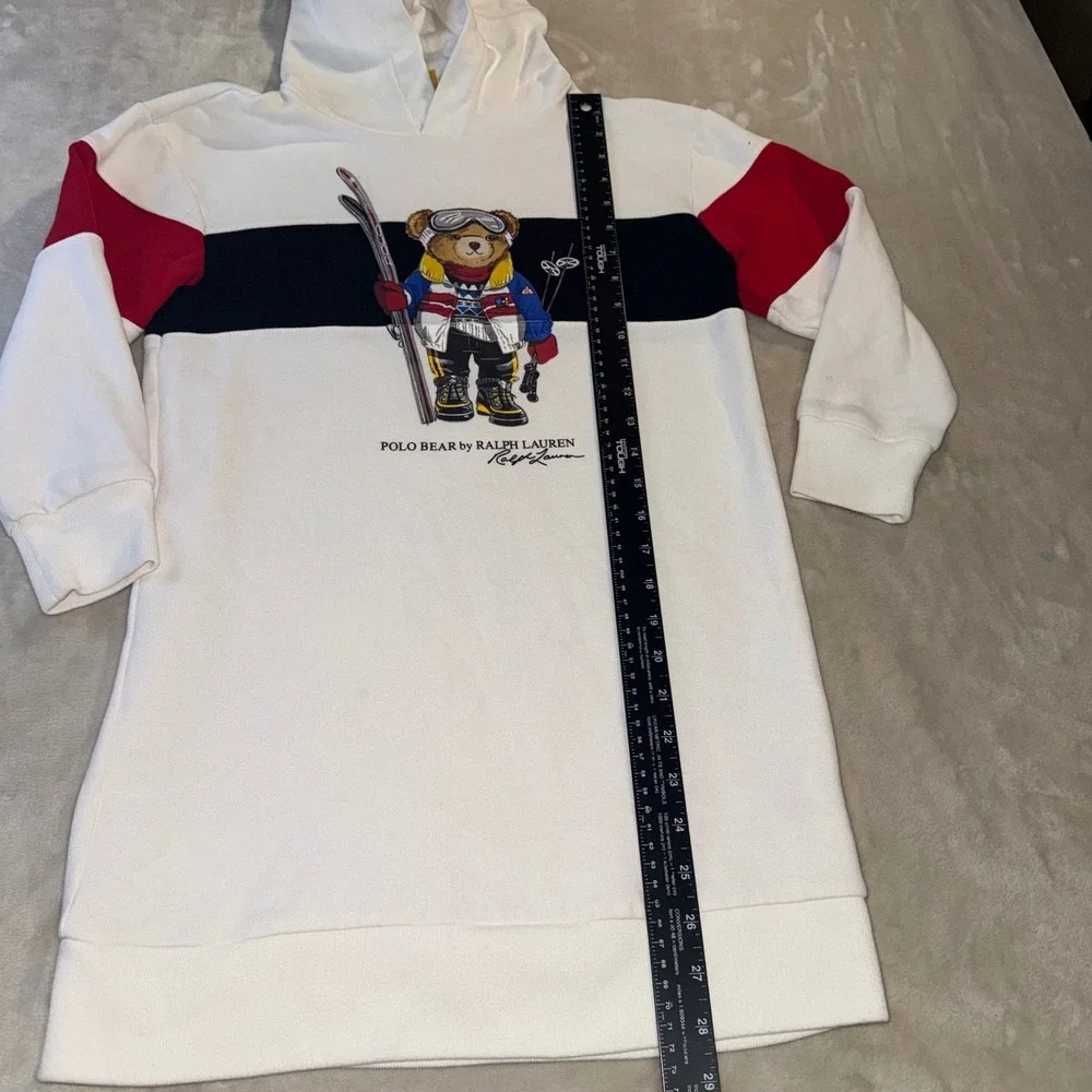 Polo Ralph Lauren Girls White Ski Polo Bear Fleece Hoodie Dress Size M 8-10